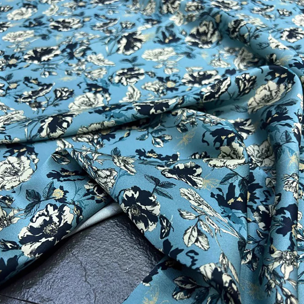 Pure Mulberry Silk Twill 20 momme Width 140cm High Quality Breathable Anti-allergy Natural Soie Material Blue Floral Pattern