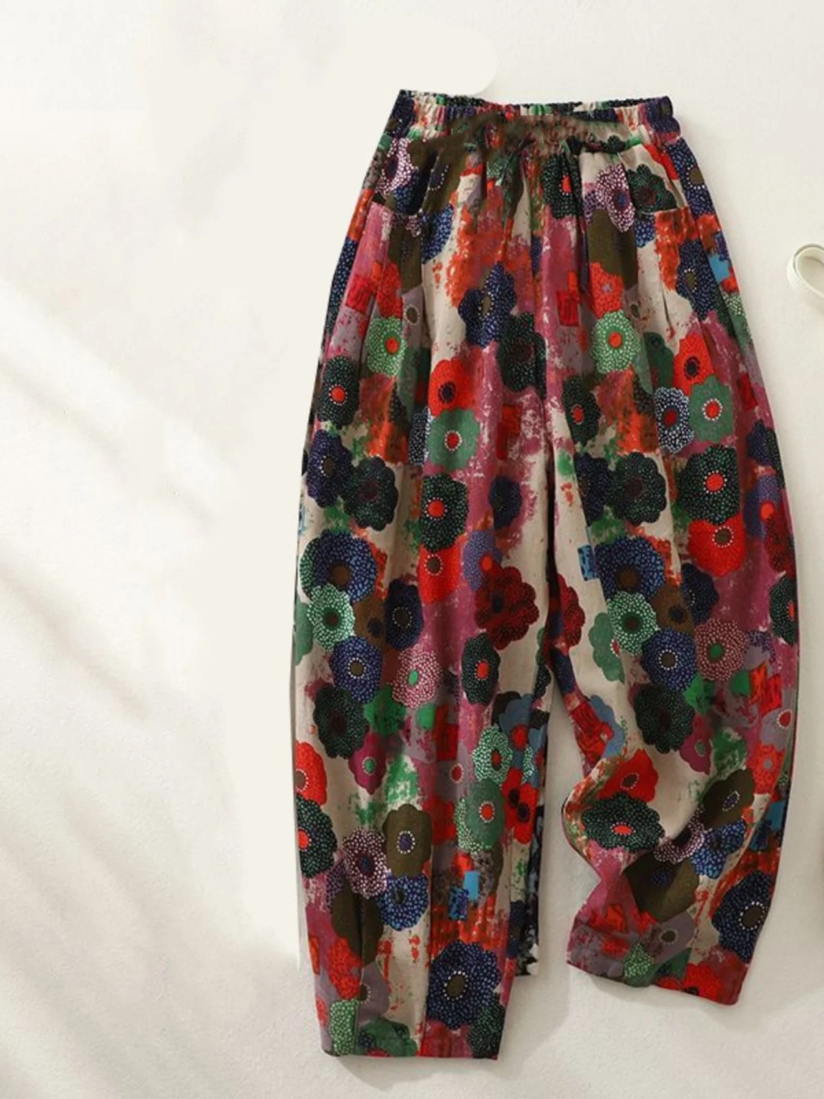 하이웨이스트 코튼 린넨 혼방 여름 캐주얼 팬츠 여성 프린트 나인 포인트 루즈핏 바지 얇은 캐주얼 팬츠 엄마용