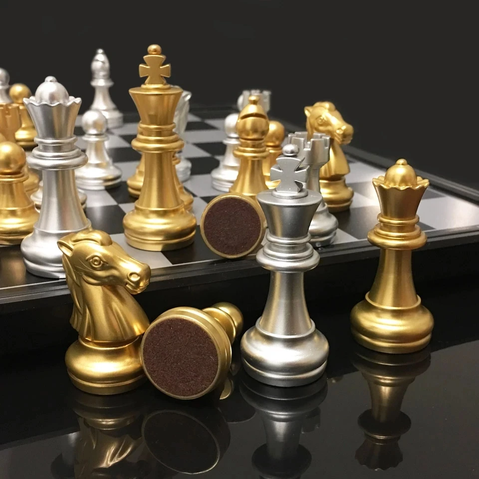 

Plastic Chess Game, Silver Golden Chess Pieces Travel Chess Set, 25/32/36 CM Folding Chessboard, Children Table Board Game
