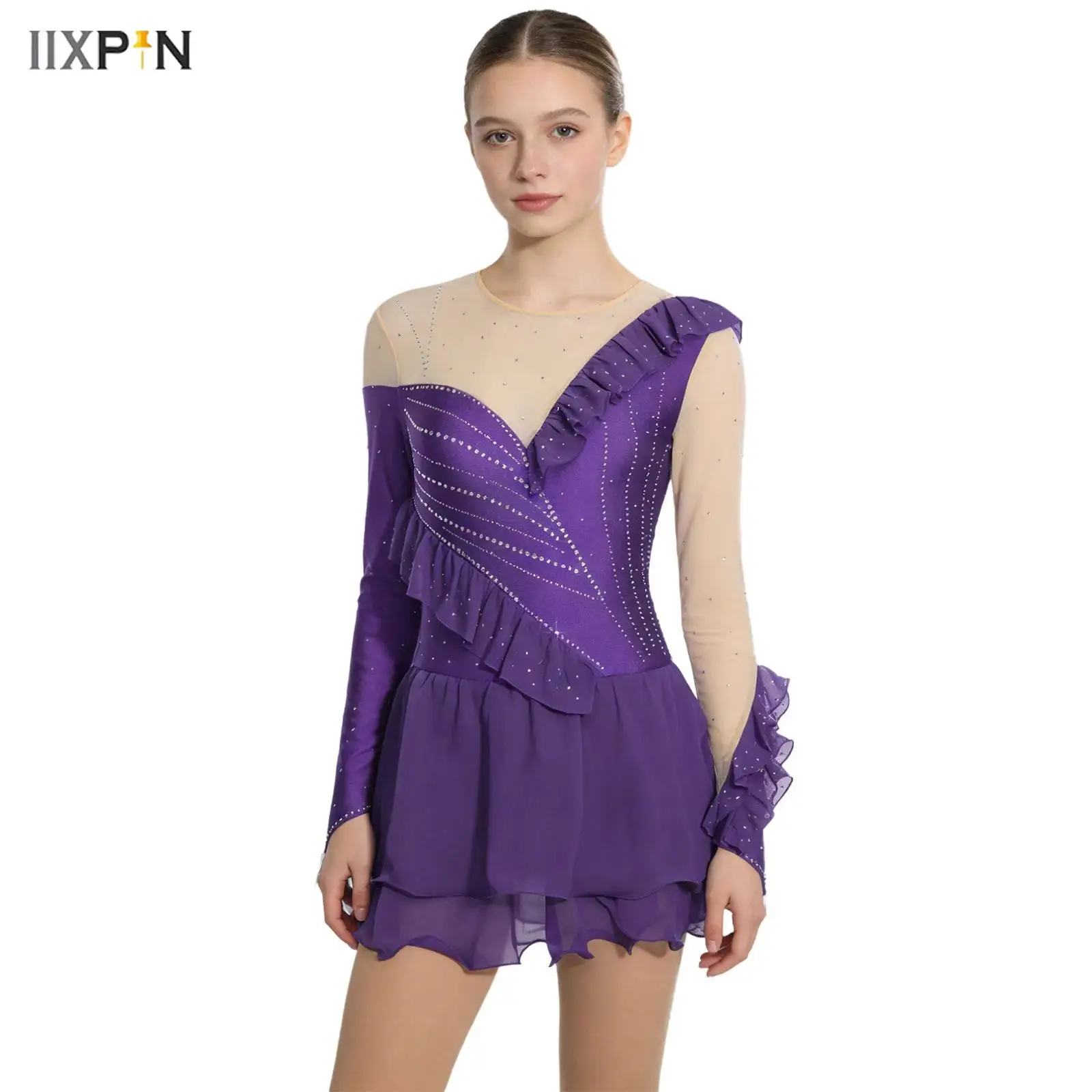 

Womens Rhythmic Gymnastics Artistic Figure Skating Ballet Lyrical Latin Dance Leotards Dress Ruffled Trim Rhinestones Dancewear