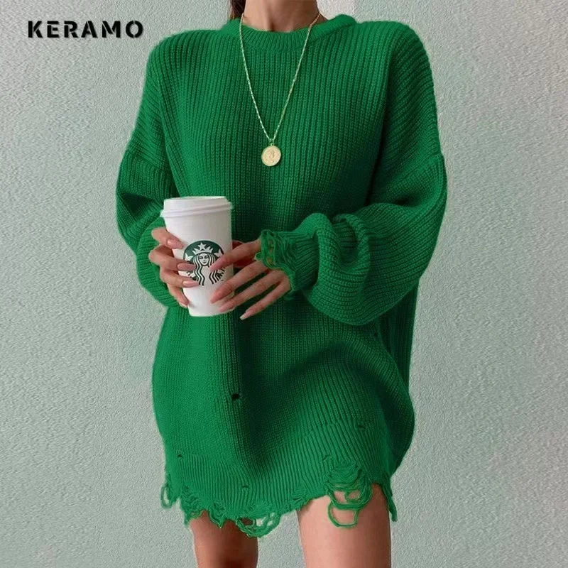 2024 Winter Female Ripped Vintage Long Sleeve Loose Mini Dresses Women Elegant Round Neck Casual Knitting A-Line Warm Dress