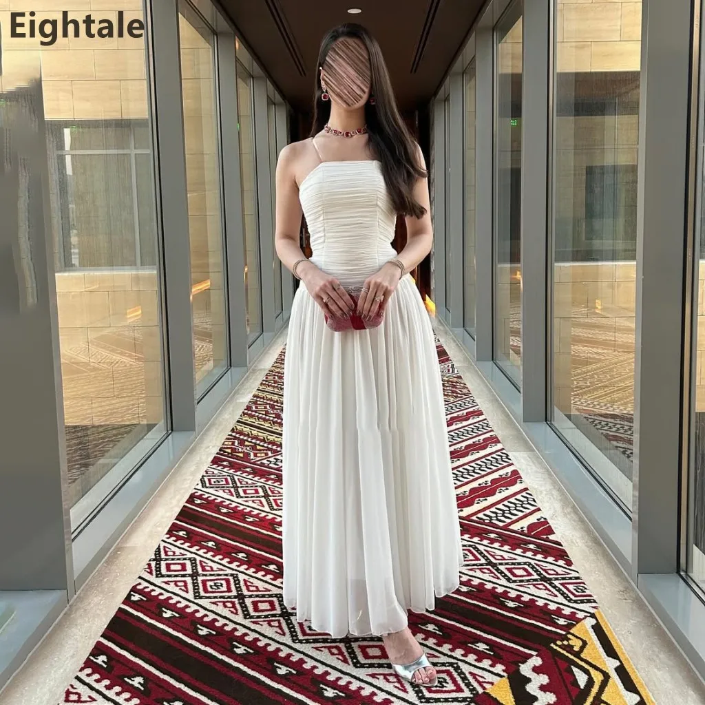 Eightale 2025, ivoor A-lijn chiffon maxi strapless avondjurk geplooide Saoedi-Arabische galajurk Dubai feestjurk op maat