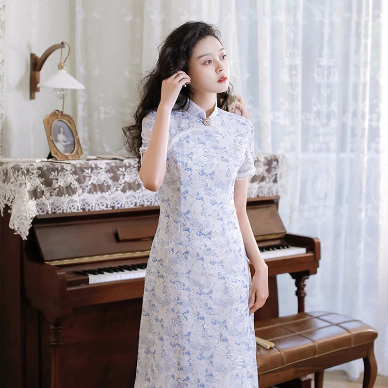 Summer Autumn New Style Fashionable Young Mesh Feather Embroidered Mid-Length Cheongsam Double-Layer Slim Dress