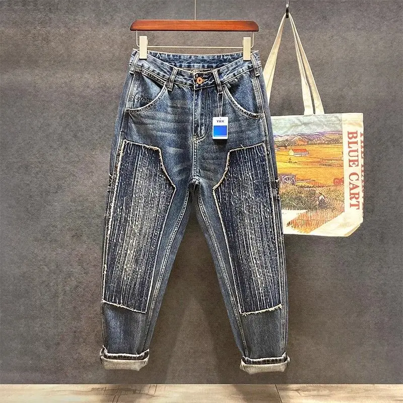 Original Luxury Brands Clothing Punk Handsome Design Trendy Brand Pants Men's Loose Straight Sticker Splicing Logging Work Jeans