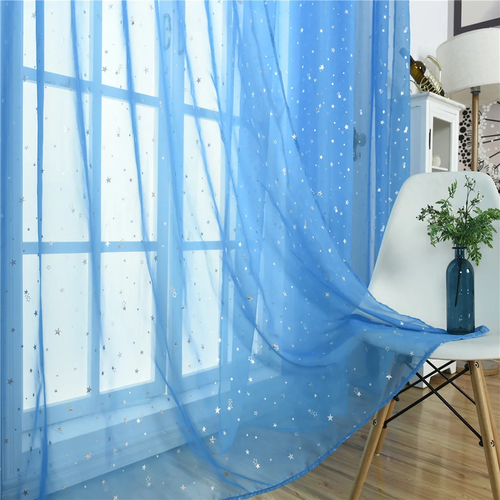 

Elegant Silver Star Voile Curtains 100x200cm Blue Sheer Window Drape for Living Room Bedroom Natural Light Illumination