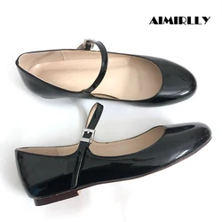 Women Black Patent Mary Jane Flats Round Toe Buckle Strap Shoes Multi-color