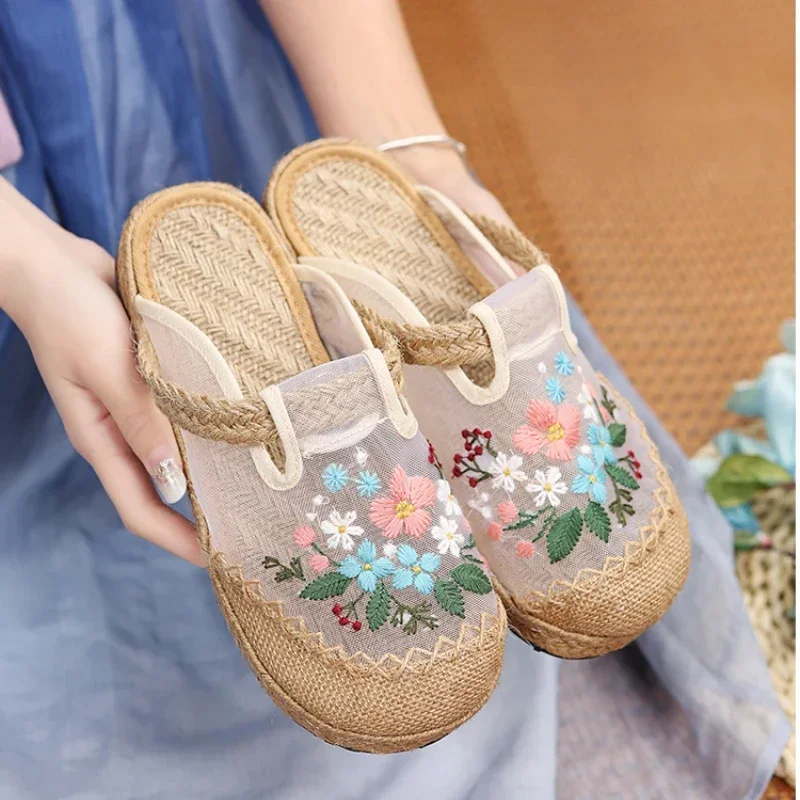 Ladies Linen Cotton Embroidered Loafers Comfortable Espadrilles Flat  Casual Mesh Colorblock Shoes