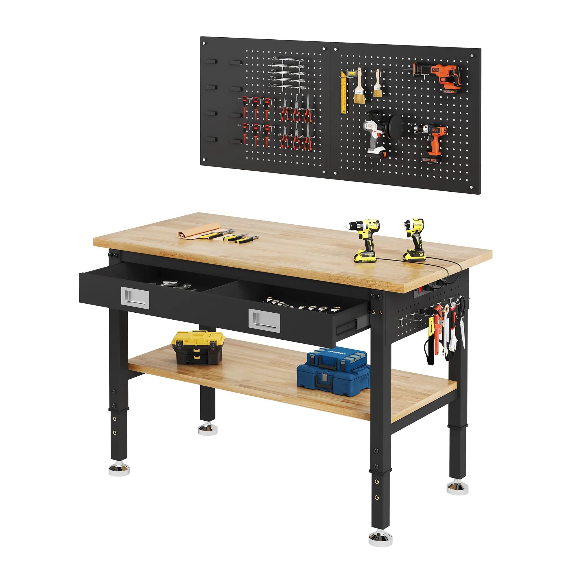 48-Inch 2-Tier Workbench with Drawer and Pegboard