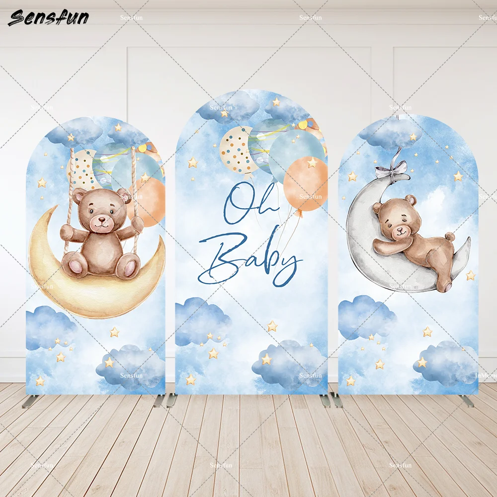 

Cute Moon Bear Baby Shower Party Arch Backdrop Covers Blue White Clouds Boy First Birthday Arched Wall Background Doublesided