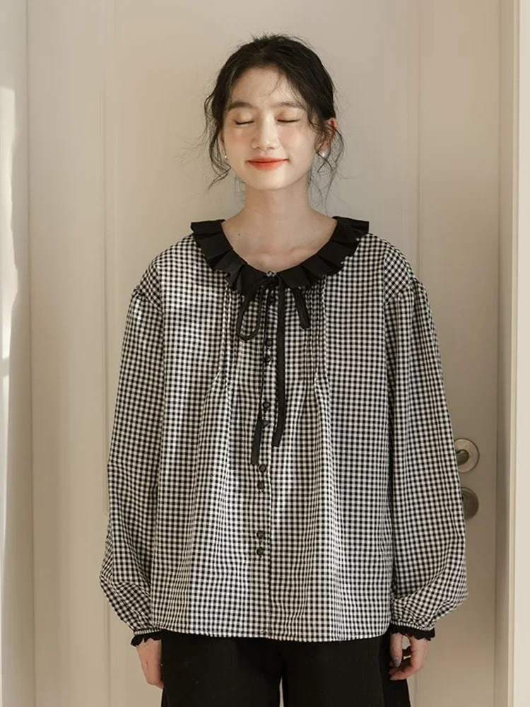 

Zoki винтажные милые клетчатые рубашки женские повседневные свободные оборки японская блузка весенняя элегантная женская милая топ с длинным рукавом в консервативном стиле