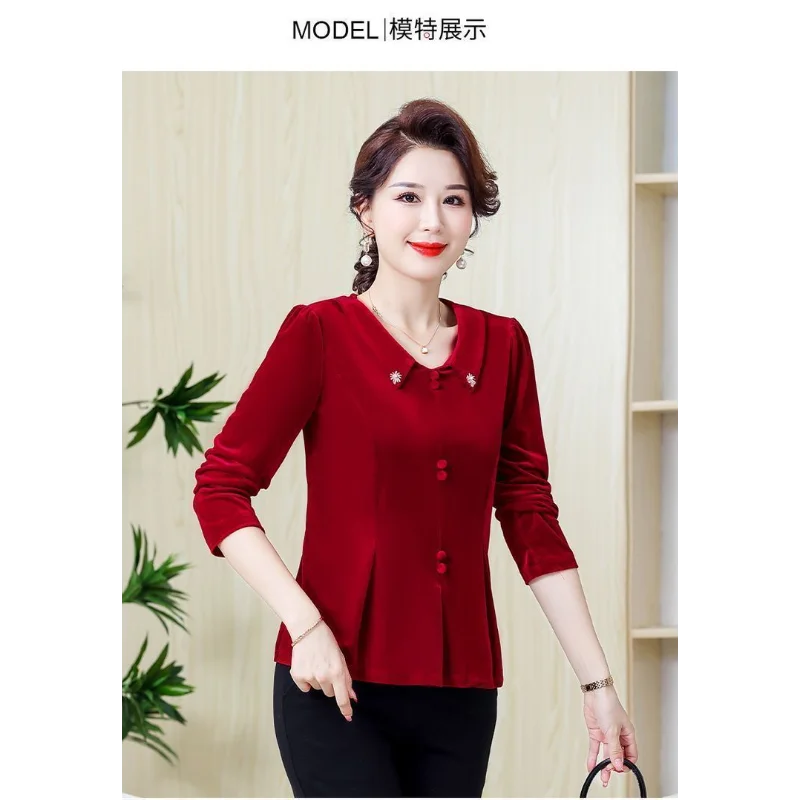 Middle-aged and Elderly Women's Long-sleeved Tops Mother's Base Fashionable and Versatile T-shirt Gold Velvet