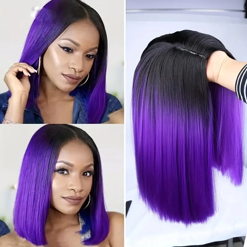 Black To Purple Bob Wig Straight Shoulder Length Short BobCut Wig For Women Synthetic Fiber Hair Wig For Party HalloweenCosplay