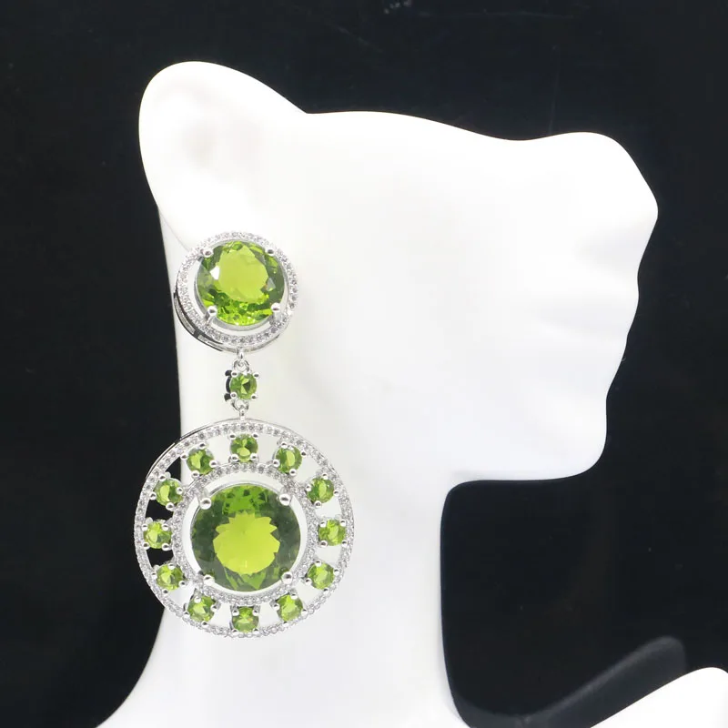 60x33mm Eye Catching Pink Tourmaline Green Peridot White CZ Females Wedding Silver plated Earrings