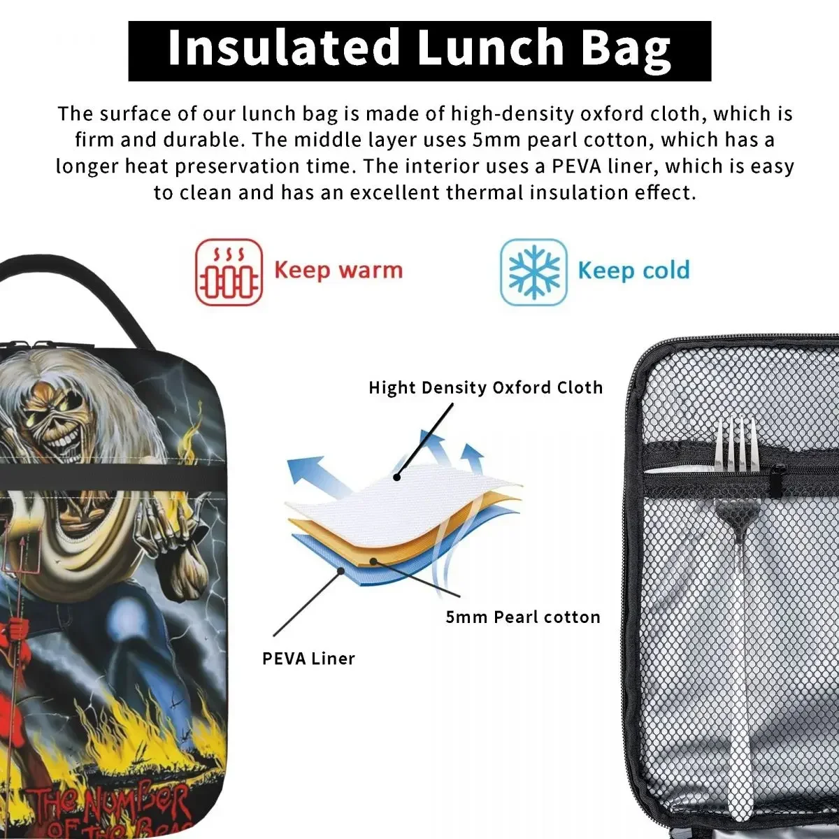 Iron Maidens The Number Of The Beast Insulated Lunch Bag Rock Band Food Container Bags Reusable Cooler Thermal Lunch Box