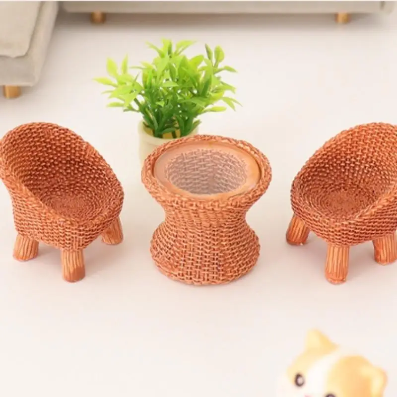 3 szt./zestaw Miniaturowy bambusowy okrągły stół z krzesłami i zieloną rośliną, model miniaturowy, symulacja, dekoracja sceny domowej, meble, ozdoba