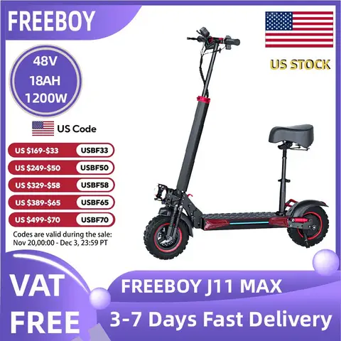 FREEBOY J11 MAX Adult Electric Scooter 1200W Motor 48V 18AH Folding E-Scooter 11 Fat Tire E-Mountain Scooter