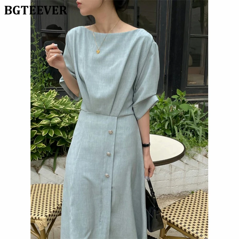 

BGTEEVER Spring Summer Casual Slim Waist Buttons Female Mid-Length Dress Elegant Slash Neck Half Sleeve Women A-line Dress