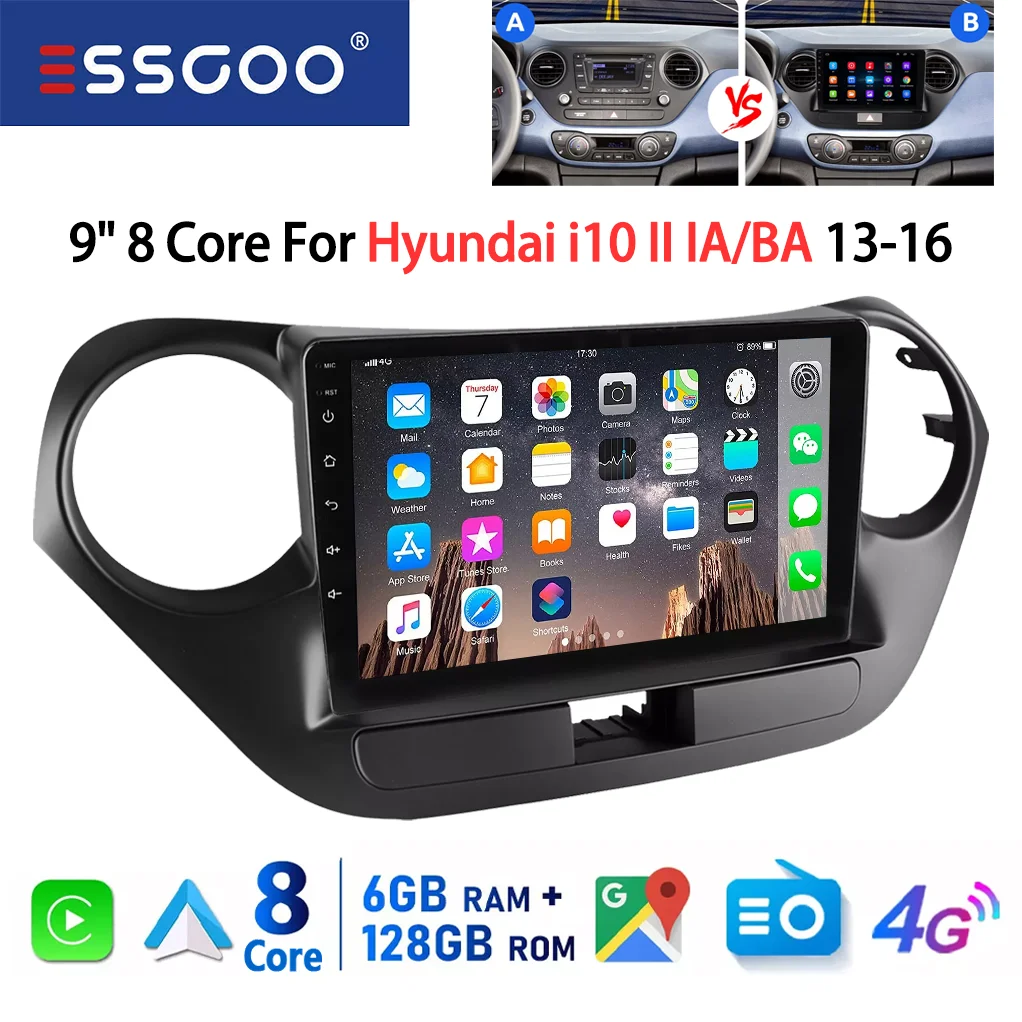 ESSGOO 8-Core 128GB 9" Display Voor Hyundai i10 II IA/BA 2013-2016 Android 14 Autoradio CarPlay Android Auto GPS Navigatie 4G WiFi FM RDS BT DSP 2 DIN Multimedia Speler