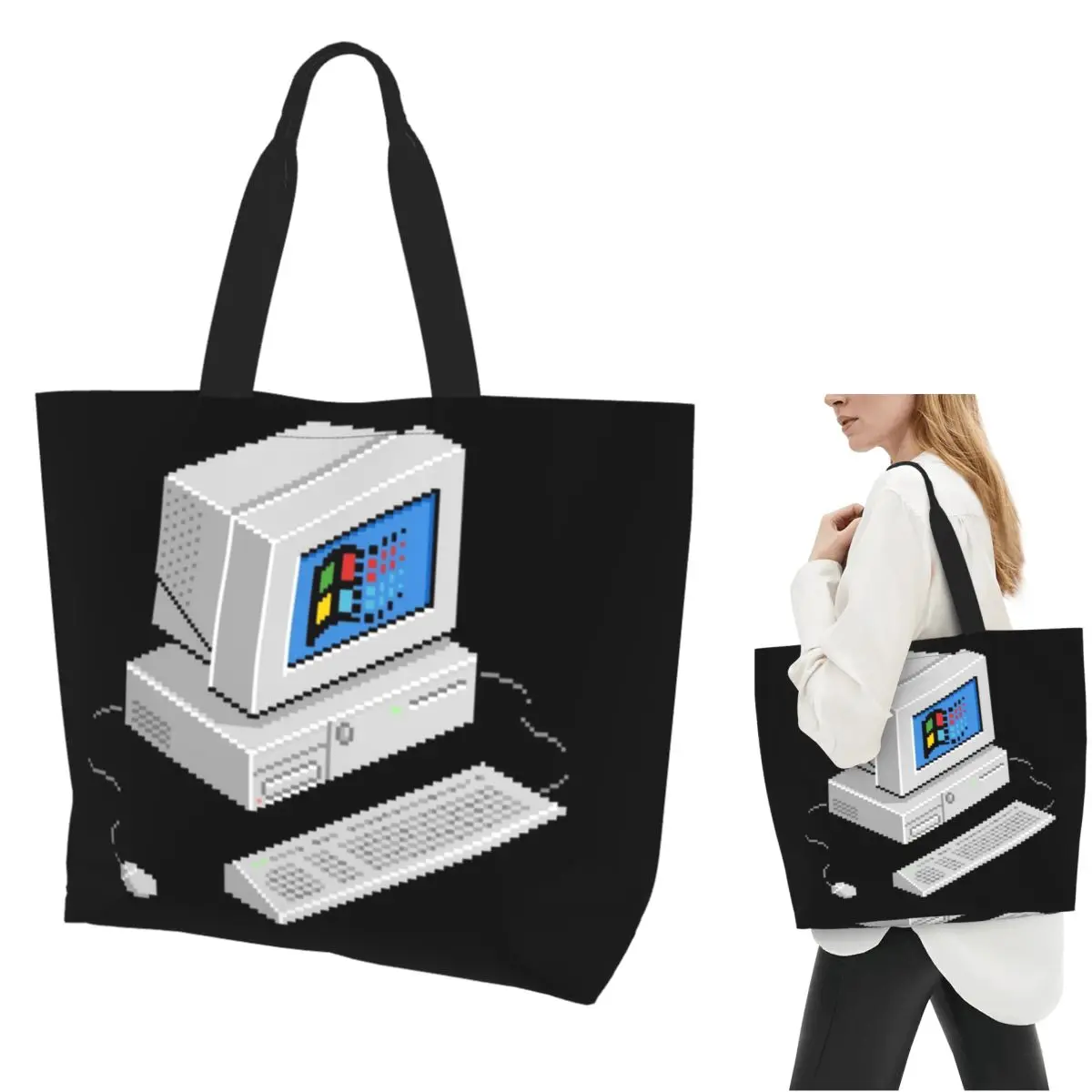 

Windows Vaporwave Shopping Tote Bag Canvas Large Capacity Shoulder Bags Shopper Grocery Handbag for Women