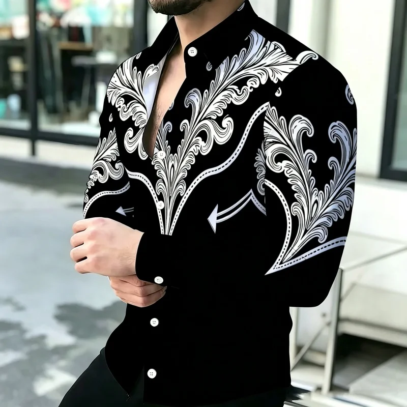2026 New Men's Shirt with Contrasting Print, Black, White, and Red Stitching Design, Personalized and Trendy Men's Clothing