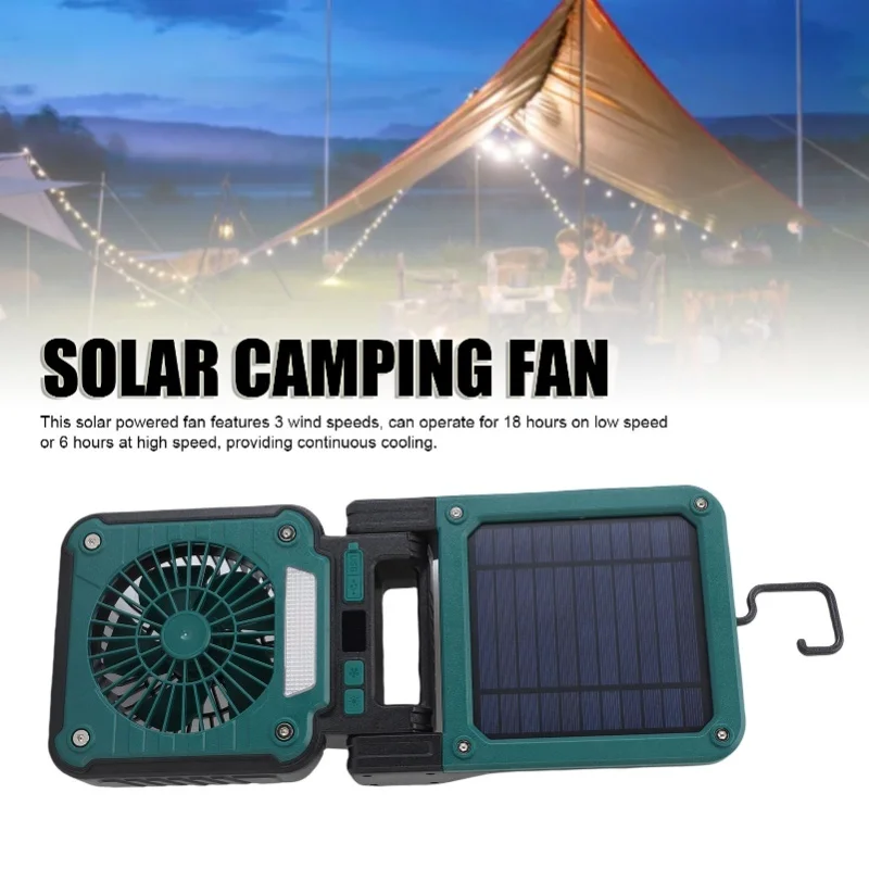 Solar Camping Fan with LED Light 3 Speeds 5 Modes Rechargeable Solar Powered Fan for Tent Hiking Emergency Outdoor