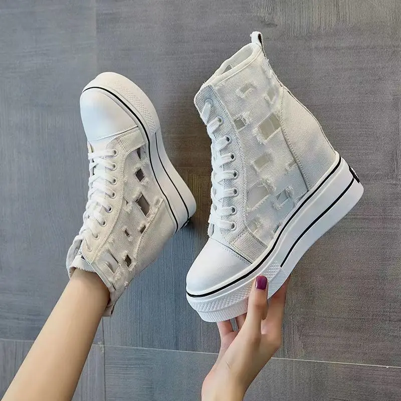 New Woman Fashion Platform Sneakers Wedge Shoes For Women 8cm Height Increasing Ladies Hollow Breathable Cloth Casual Shoes