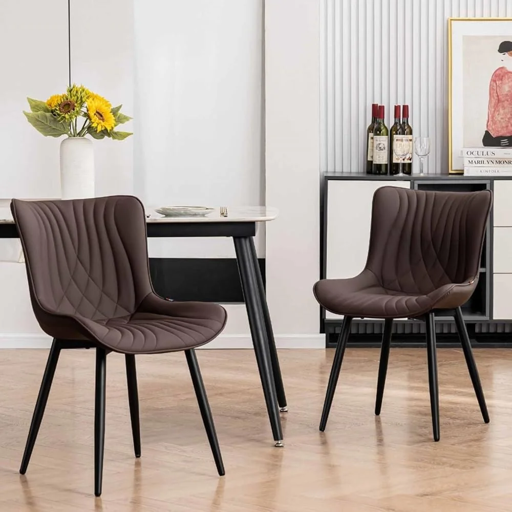 

Faux Leather Dining Chairs Set of 2 Mid Century Modern Upholstered Kitchen Chairs Sturdy Metal Legs Ergonomic Design Easy