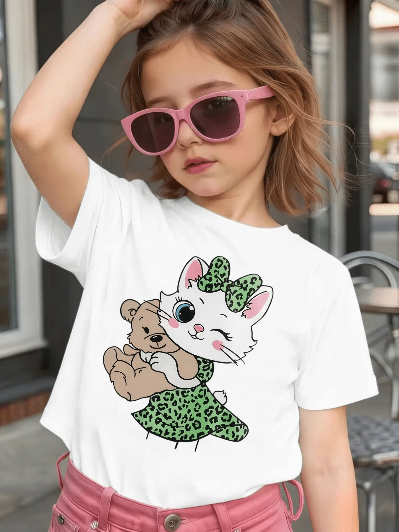 Cute Leopard Cat Hug Teddy Bear Graphic Kids Tee Boys Girls Family Matching Cotton Crew Neck Short Sleeve Soft Casual Summer Tee