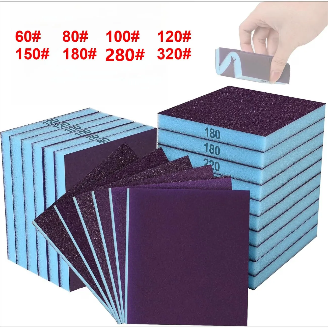 8 Pack Double-Sided Sanding Sponge, Wet Dry Sanding Blocks 60-320#, Washable Assortment for Curved Wood, Paint,Drywall, Metal