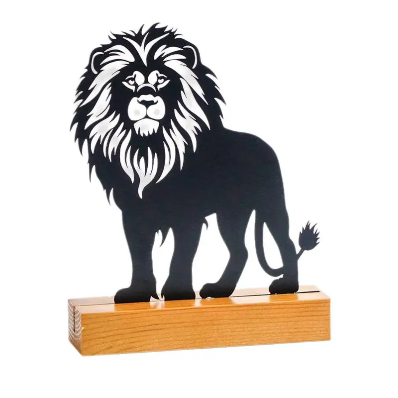 Metal Animal Wall Sculpture Abstract Hollow Lion Ornaments Realistic Desktop Crafts Metal Sculpture With Wooden Base For