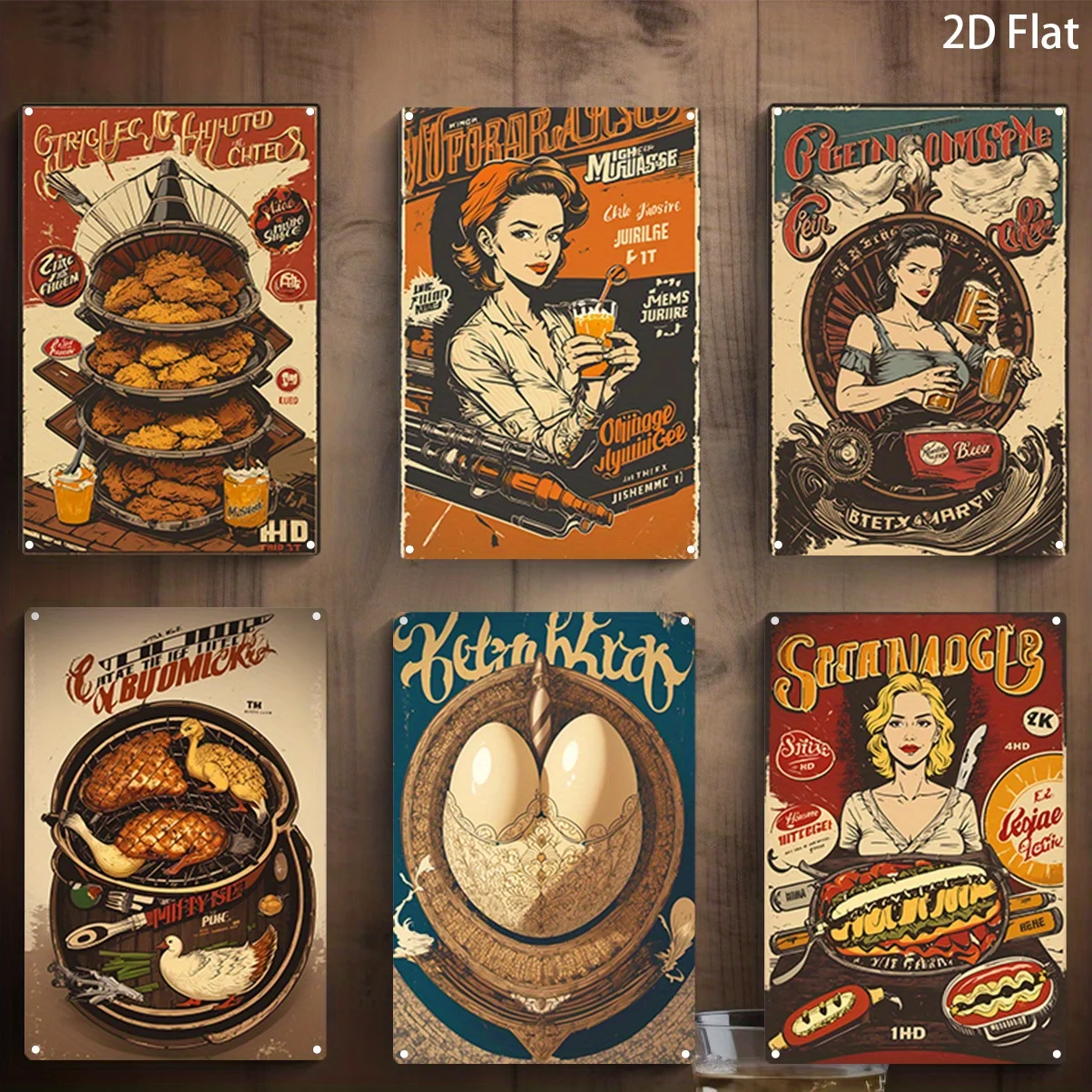 2D Flat, 2-D Flat, 6pcs Set American Vintage-style Food Art, Nostalgic Home Wall Hanging Signs, Fun Retro Restaurant and Bar Dec