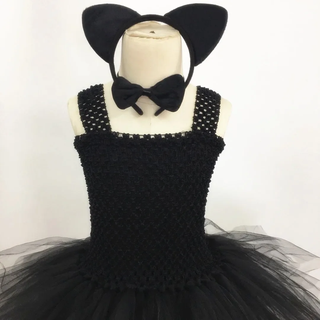 Kids Children Girl Black Cat Tutu Dress Bowtie Tail Headband Set Birthday Party Clothing Costume Cosplay Halloween