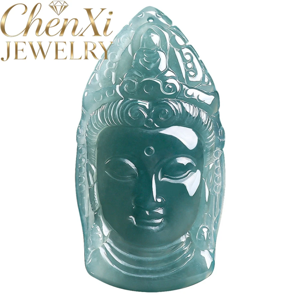 Genuine Natural Grade A Icy Blue Water Jadeite 3D Carved Guanyin Head Pendant Jade Necklace High-end Chinese Stly Jewelry Gift