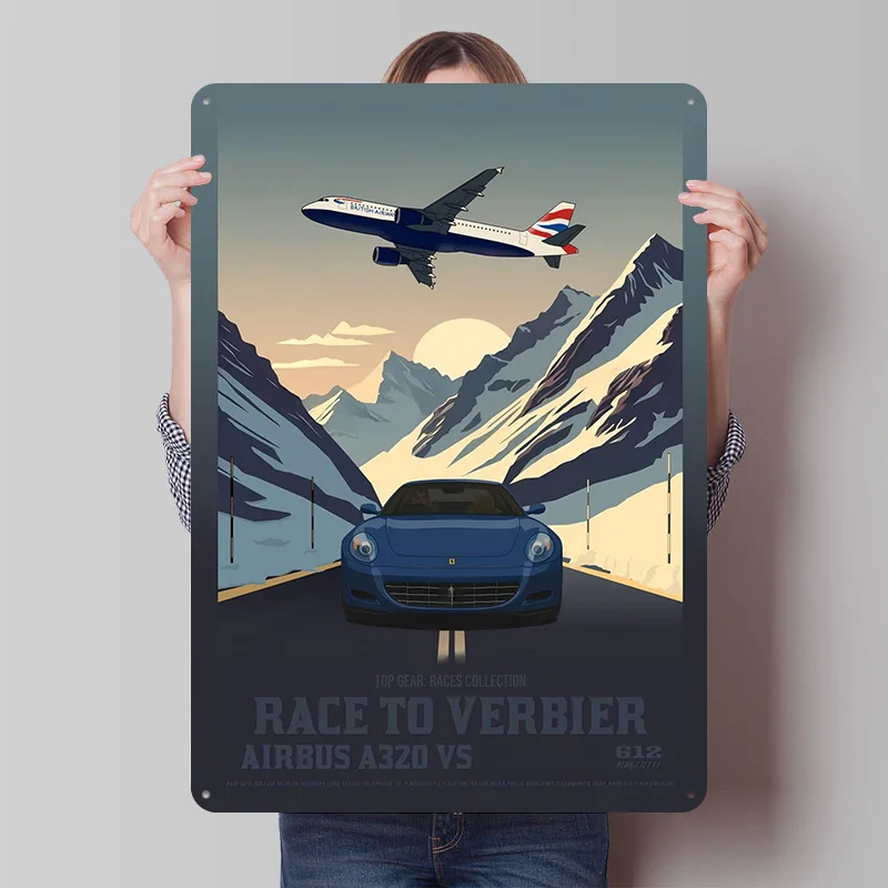 Race to Verbier Auto-Blechposter, personalisierte Wandkunst, Vintage-Metallschilder, Retro-Blechtafel für Schlafzimmerdekoration, gemütliches Zuhause