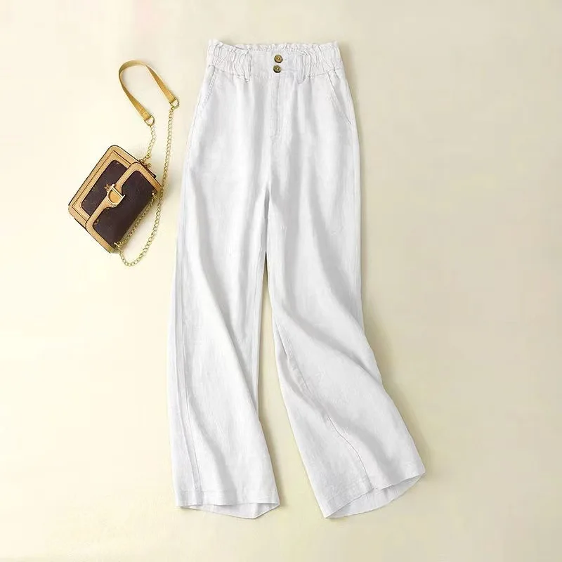 Women 100% Linen Pants Breathable Elastic Band Waist Grey White Black Summer Casual Straight Wide Leg Trousers S 3XL Plus Size