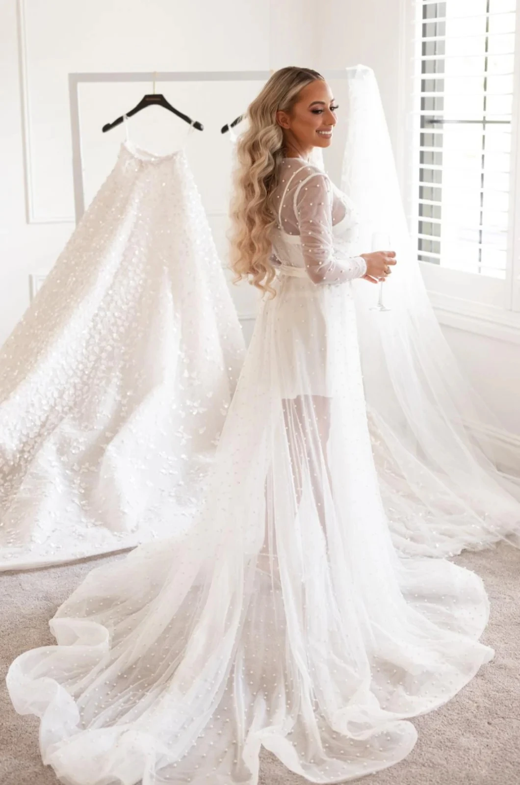 Pearls Bride Wedding Robe And Nightgown Long Sleeve Bridal Gowns Photo shoot Maternity Dressing Gown for Photography