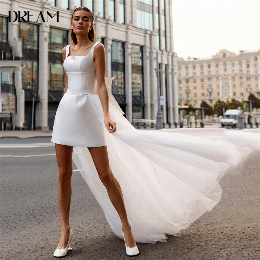 

DREAM Two-Pieces Short Wedding Dress Square Collar Spaghetti Straps Bow Open Back Satin Bridal Gown Vestidos De Novia Customized