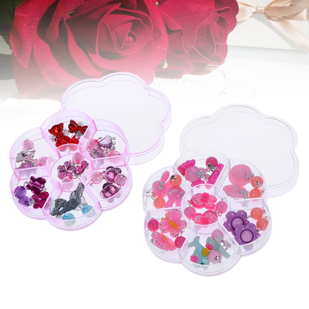 Caja organizadora con Clip para la oreja, pendientes de dibujos animados para niñas pequeñas, accesorios, regalo, juego de simulación, conjunto de joyería para fiesta