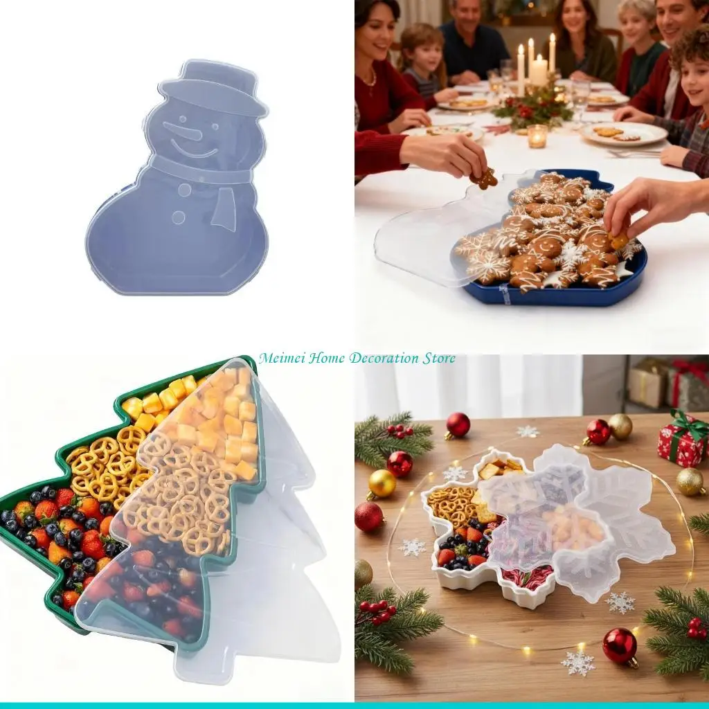H7BF Christmas Serving Tray & Festive Christmas Biscuit Storage with Lid Holiday Snowflake Tree Character Container for Candy,