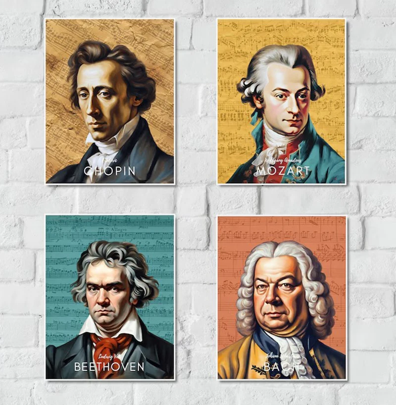 Classic Composer Musician Beethoven, Mozart, Bach, Chopin Illustration Poster Canvas Painting Wall Pictures Home Classroom Decor