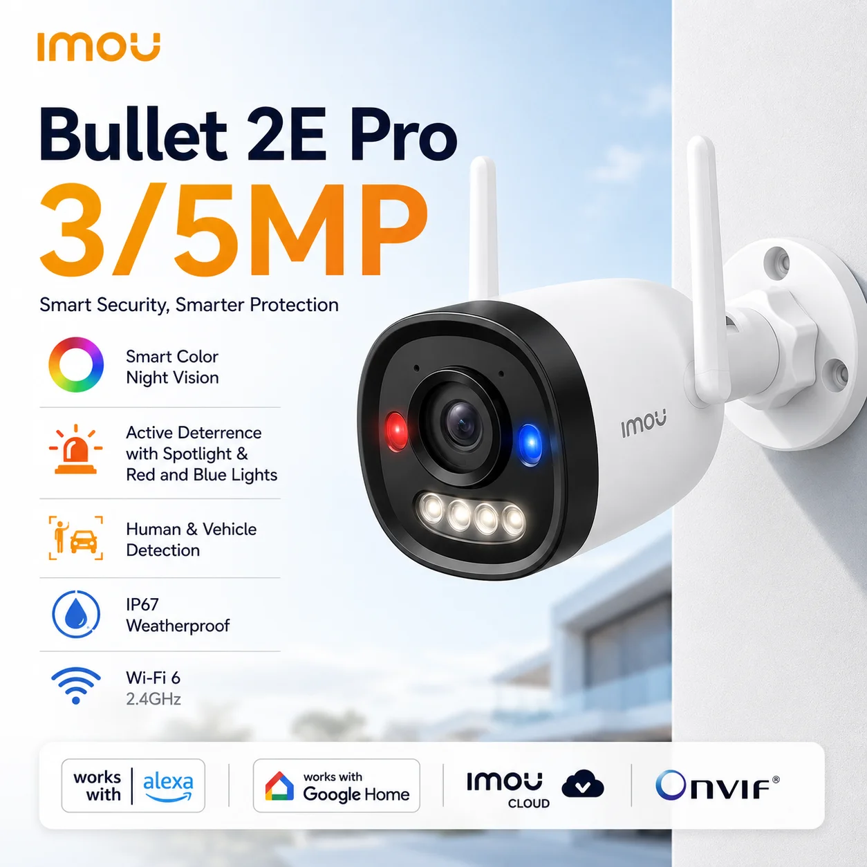 IMOU Bullet 2E Pro 3MP/5MP 2/3K WiFi 6 Outdoor Security IP Camera Human Vehicle Detection Color Night Vision IP67 Alarm Lights