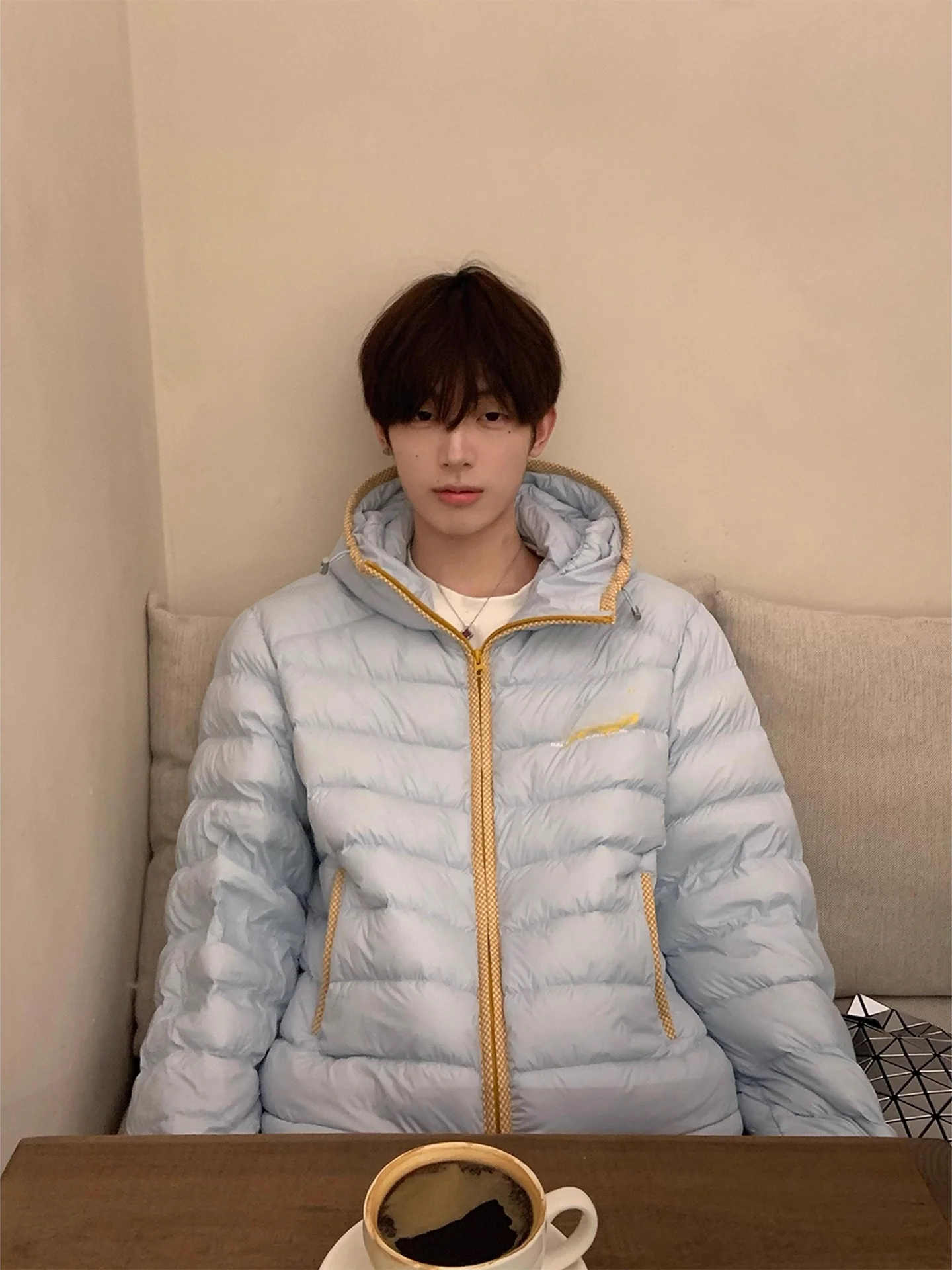 

Thiened Hooded Cotton Jaet ex Winter Warm Coat Plaid Splicing Design Youth Faion Straight Hem Zipper Closure Long S...