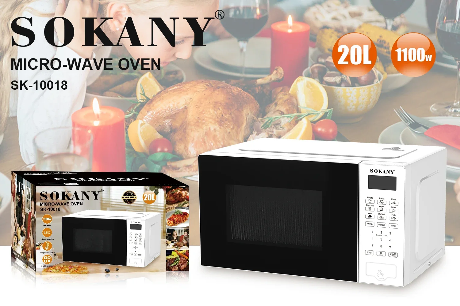 Sokany 1100W High Power 20L Microwave Stainless Steel Heating Elements Microwave Oven