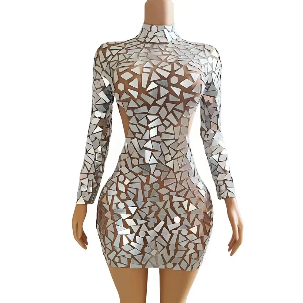 

Sexy Stage Shining Silver Mirrors Hollow Waist Transparent Long Sleeves Dress Birthday Celebrate Outfit Birthday Photoshoot Wear