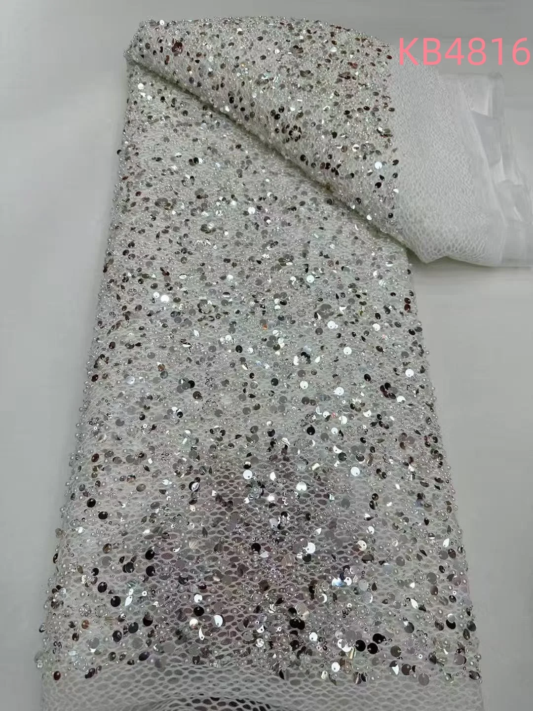 Glitter Pearls Off White Color Net Lace African Fabric Lace High Quality 2025 Oliver Green Beaded Embroidery For Sewing KB4816