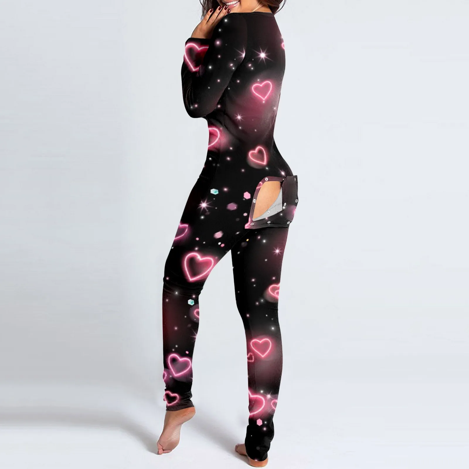 Womens Buttoned Flap Functional Onesies Pyjamas Button Down Jumpsuit Love Print Functional Buttoned Flap Adult Onesie Jumpsuits