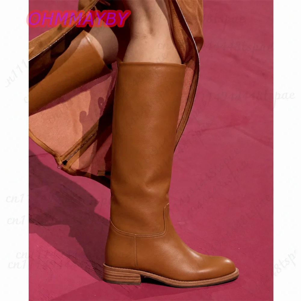 Bottines montantes pour femmes, couleur marron clair, bout rond, talon bas, style classique, bottes hautes, style minimaliste, chaussures décontractées pour l’automne et l’hiver, idéales pour un usage quotidien.