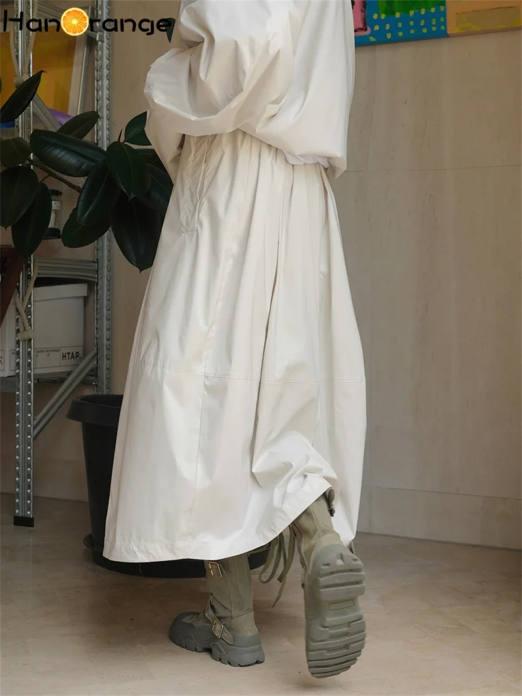 HanOrange 2026 Casual Irregular Fold Folding Elastic Waist Skirt Loose Silhouette A-line Skirt Black/Beige
