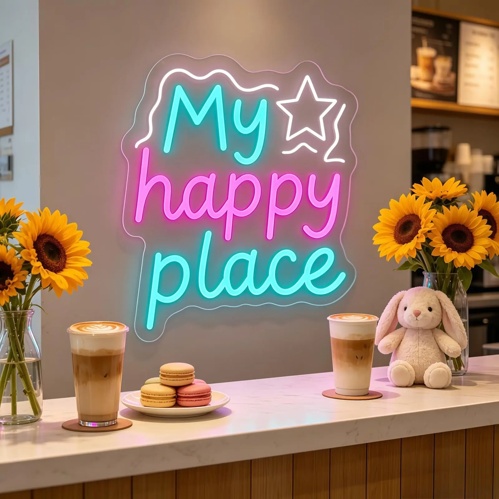 My Happy Place LED Neon Signs for Wall Decor Neon Wall Art Acrylic LED Lights Light Up Signs for Bedroom Decor Bar Pub Party