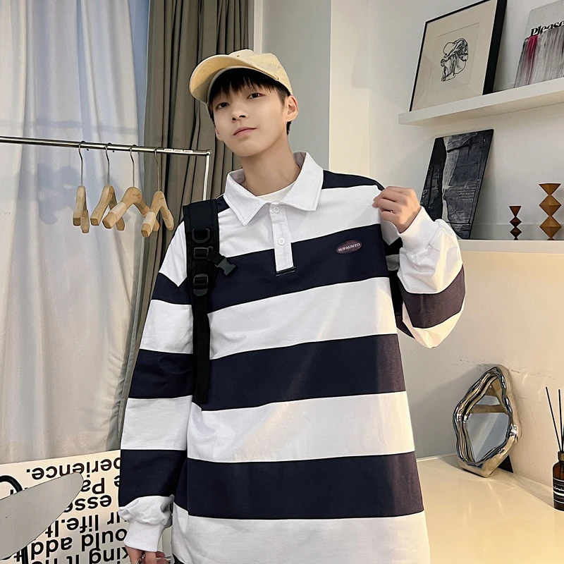 Striped Black T-shirts Men Preppy Stylish College Long Sleeve Harajuku Japanese Handsome Casual Baggy All-match Streetwear Cool